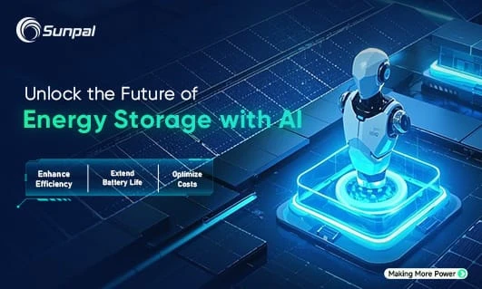Promotional graphic showcasing AI in energy storage solutions by Sunpal.