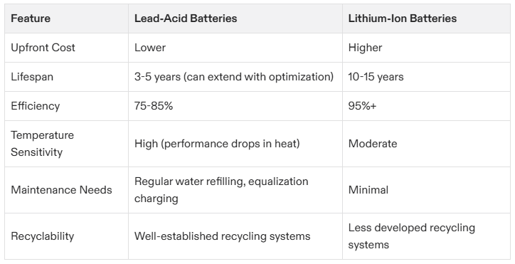 Grafico che confronta le caratteristiche principali delle batterie al piombo e agli ioni di litio, con particolare attenzione a costi, durata, efficienza e altro.