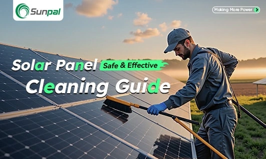 Person cleaning solar panels with a brush and water at sunset.