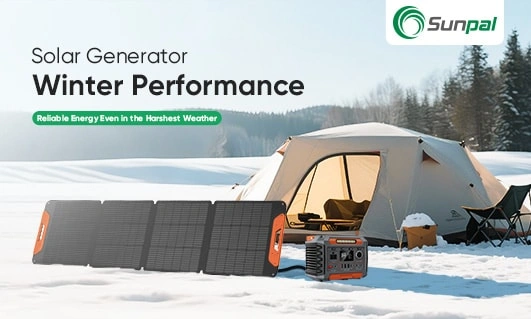Portable solar generator and panels set up beside a tent in snowy winter landscape.