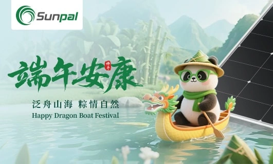 Cute panda rowing a dragon boat with solar panels and bamboo background.