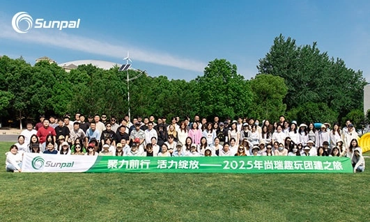 Large group of Sunpal employees posing outdoors with a green banner under a clear sky.