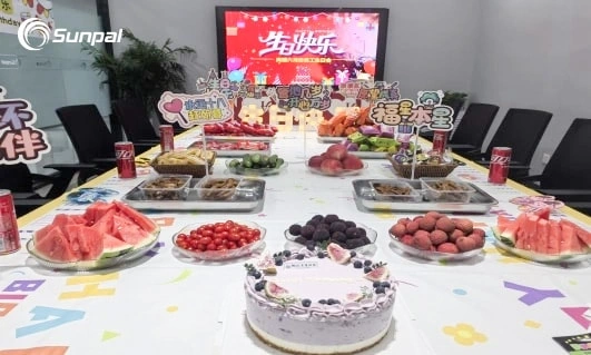 A table set with birthday cakes, fruits, snacks, and decorations for Sunpal Energy’s June employee birthday party.