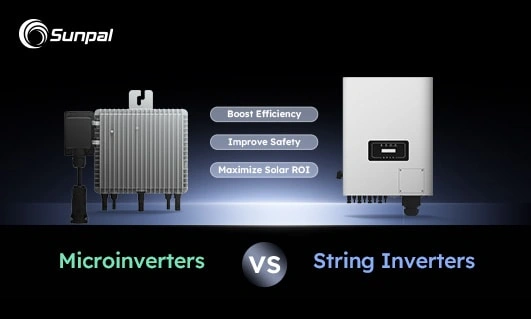 Side-by-side images of a microinverter and a string inverter against a dark background with efficiency and safety benefits listed.