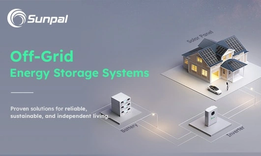Illustration isométrique d'une maison avec des panneaux solaires connectés à une batterie et à un onduleur.
