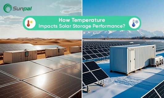 Le champ solaire et les conteneurs de stockage sont répartis entre un désert chaud et un champ enneigé, illustrant les températures extrêmes.