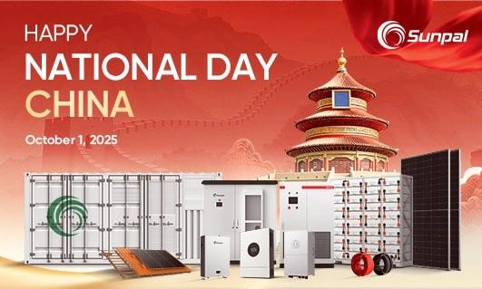 Bannière rouge festive avec le logo de Sunpal, équipement solaire, et 