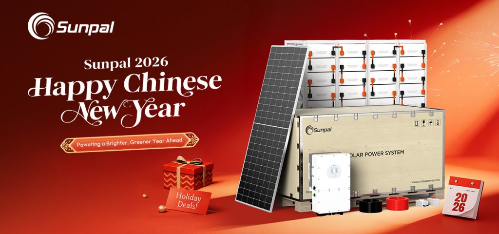 Festive Sunpal banner showing solar panel, batteries, inverter, and holiday decorations against a red backdrop.