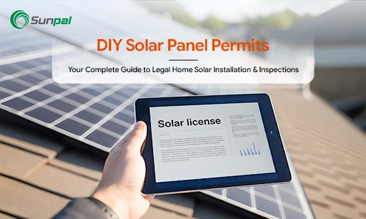 Person holding a tablet with solar license info, with solar panels in the background.