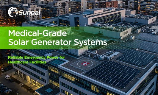 A hospital rooftop with extensive solar panels and a city skyline, highlighting emergency power reliability.