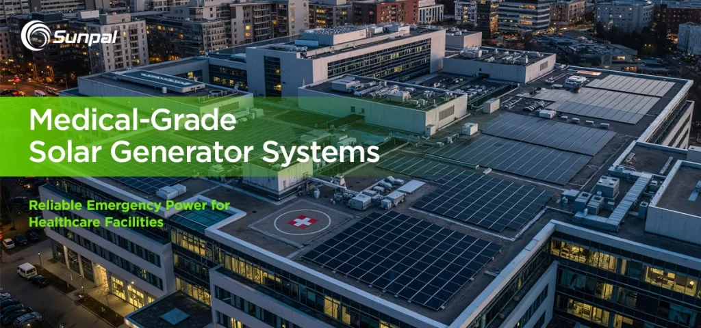A modern hospital with solar panels on the roof, conveying resilience during outages.