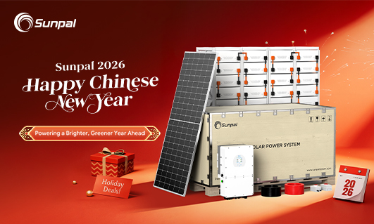 Sunpal banner with solar panel, batteries, and inverter beside a 