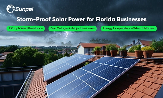 Rooftop solar panels on a red tile roof during a thunderstorm; Sunpal logo in the top-left; three green badges read “180 mph Wind Resistance,” “Zero Outages in Major Hurricanes,” and “Energy Independence When It Matters.”