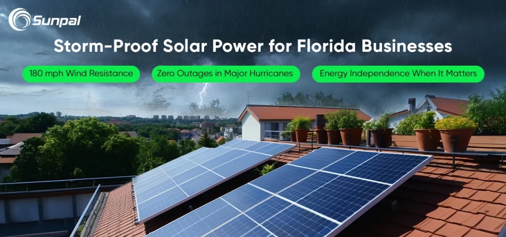 Solar panels on a roof under a dark sky; Sunpal branding in the corner; three green badges highlighting wind resistance, hurricane resilience, and energy independence.
