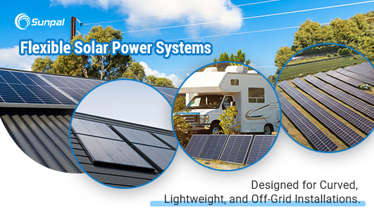 Banner showing flexible solar panels on curved roofs, an RV, and a large solar farm.