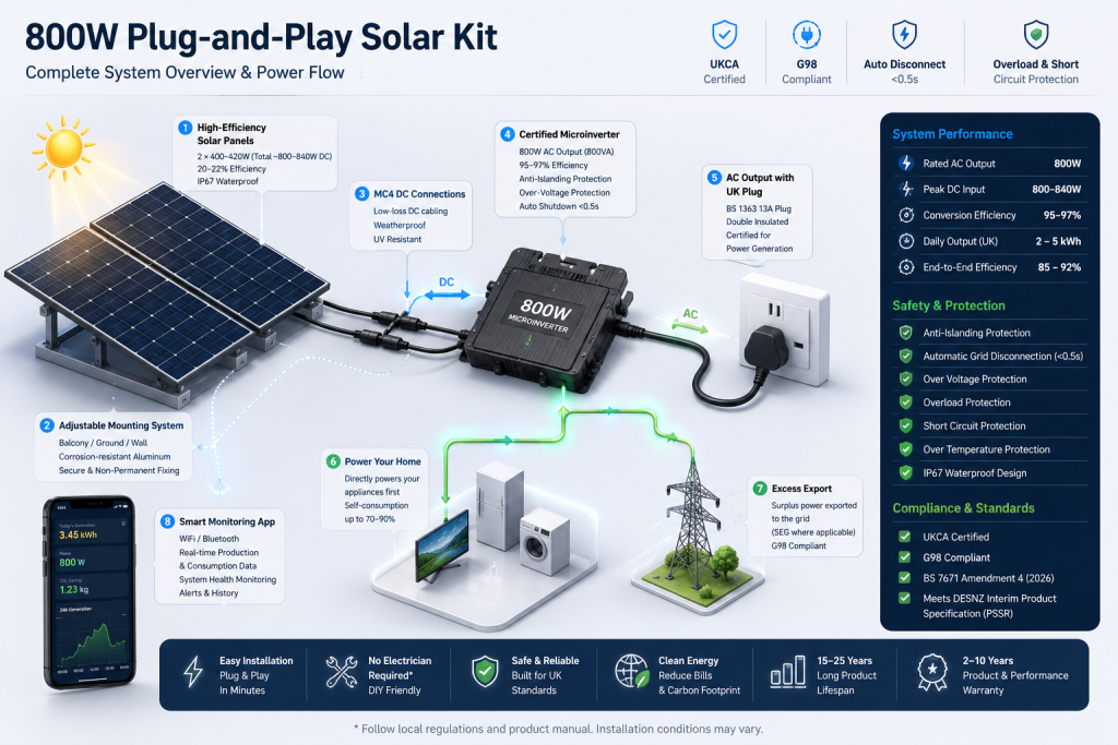 Infographic showing an 800W plug-and-play solar kit with panels, microinverter, app monitoring, and home power flow.