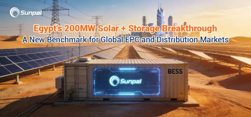 Desert solar farm with a Sunpal battery storage unit.