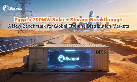 Solar panels and a BESS container in a desert power plant.