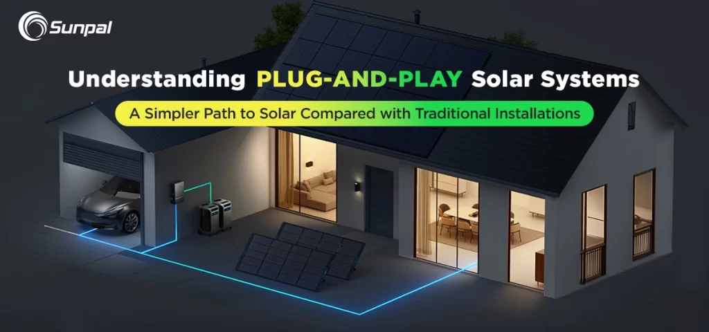 Modern home showing a plug-and-play solar system compared with a traditional rooftop installation.