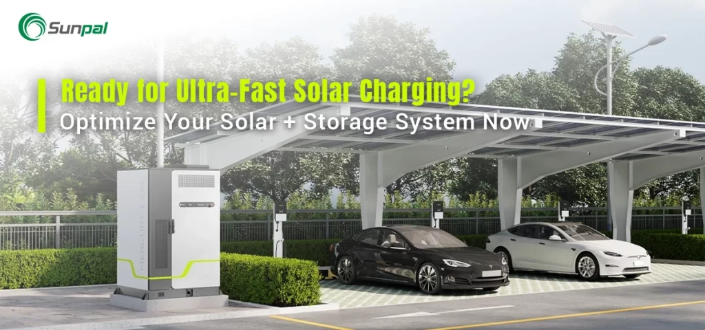 EVs charging under a solar canopy beside a storage system.