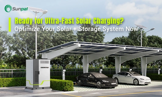 Solar charging station with parked electric cars and a battery cabinet.