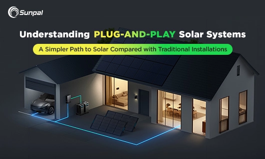 House with rooftop solar panels and a plug-and-play solar setup in the driveway.