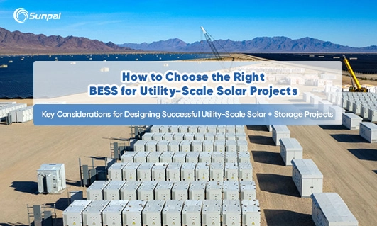 Aerial view of a large-scale Sunpal utility solar-plus-storage project featuring rows of battery energy storage systems (BESS) in a desert landscape.