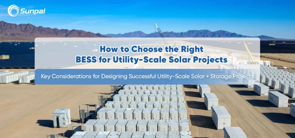 Rows of white battery energy storage system (BESS) containers integrated with a massive solar farm