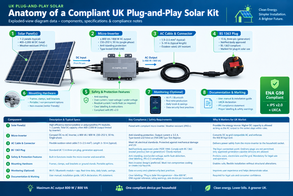 Diagram showing key components, specifications, and compliance standards for a legal UK plug-and-play solar kit.