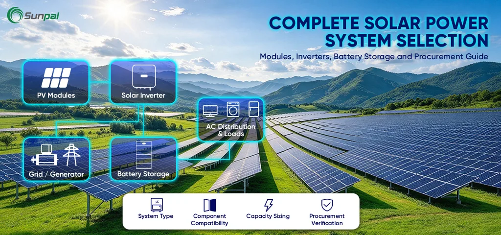 Complete solar power system selection diagram showing PV modules, solar inverter, battery storage, grid connection, and procurement considerations.