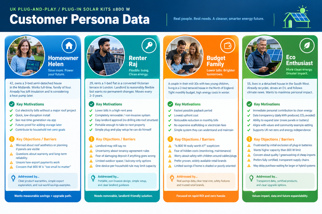 Infographic detailing four customer personas for UK plug-in solar kits: Homeowner Helen, Renter Raj, Budget Family, and Eco Enthusiast.
