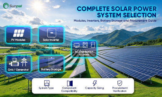 Solar power system overview illustrating PV modules, solar inverter, battery storage, AC distribution, and key system selection criteria.