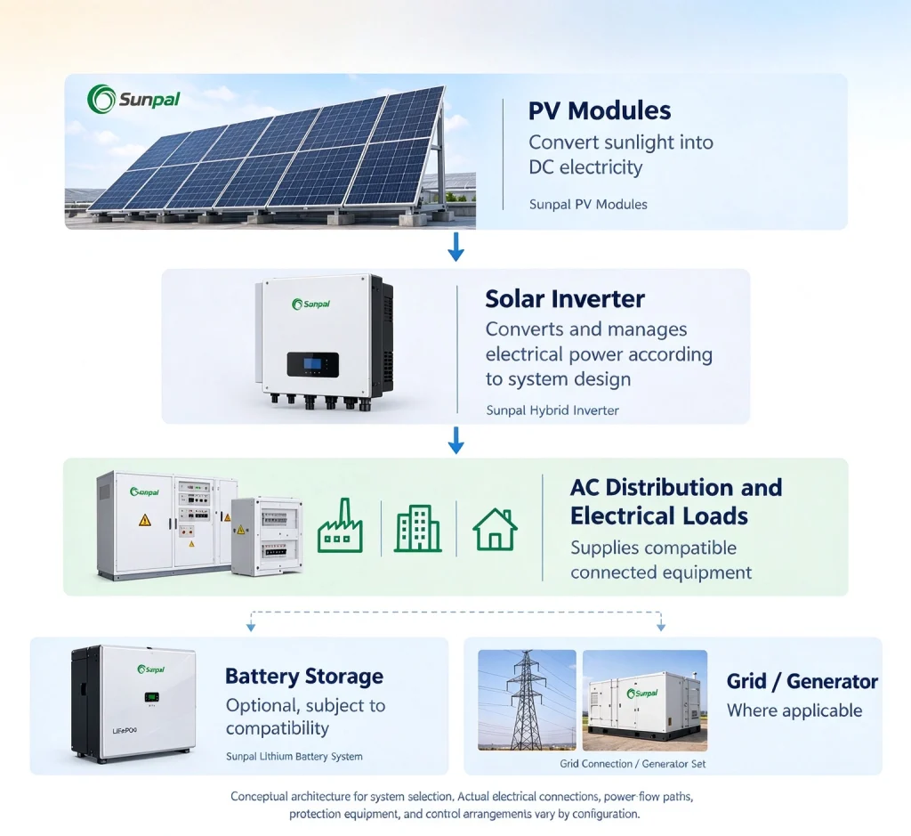 Typical solar power system components, including solar panels, an inverter, AC distribution equipment, battery storage, and grid or generator connections.