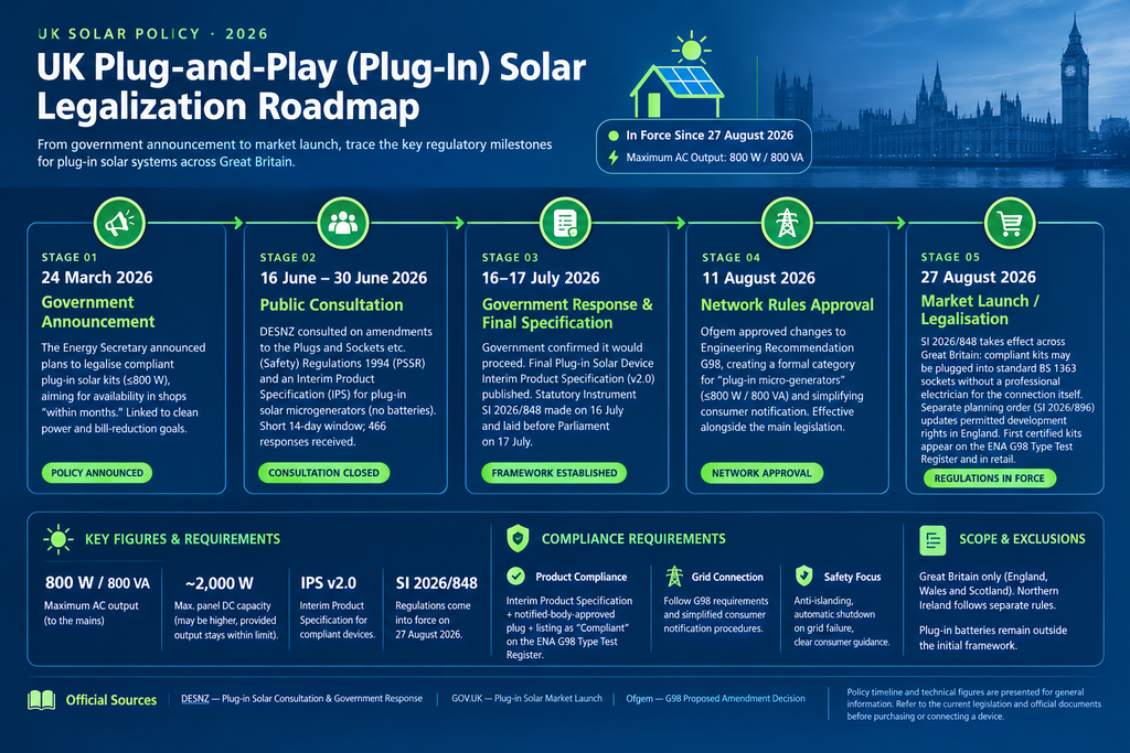 Infographic showing the 2026 UK regulatory timeline and requirements for legalizing 800W plug-in solar systems across Great Britain.